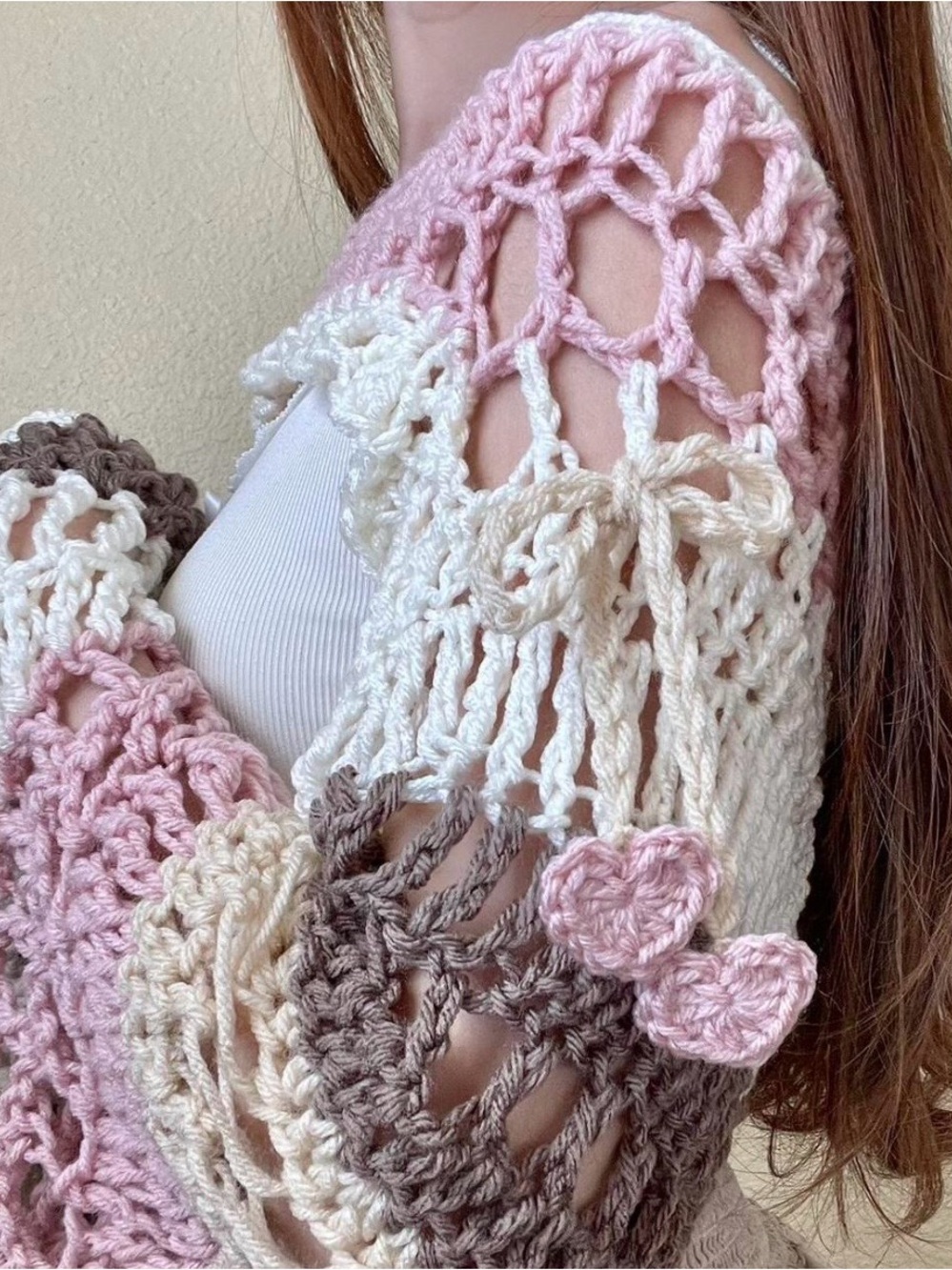 SOLDHandmade crochet balletcore bolero shrug pink brown bow and hearts coquette - Picture 5 of 7